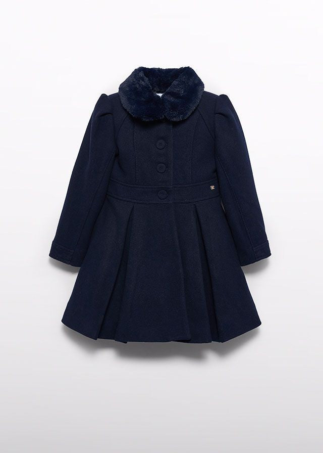 Abel & Lula Girls Navy Blue Dress Coat with Faux Fur Collar
