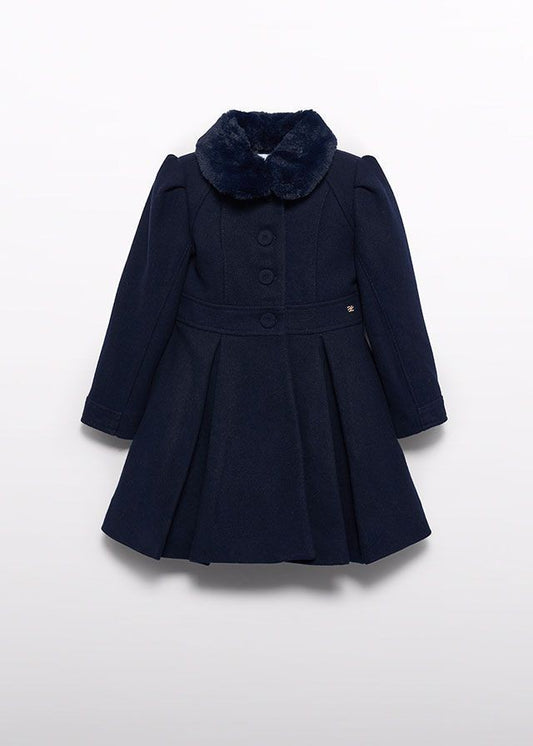 Abel & Lula Girls Navy Blue Dress Coat with Faux Fur Collar