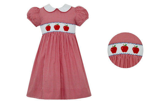 Anavini Velani Girls Red Gingham Dress with White Collar - Smocked Apples