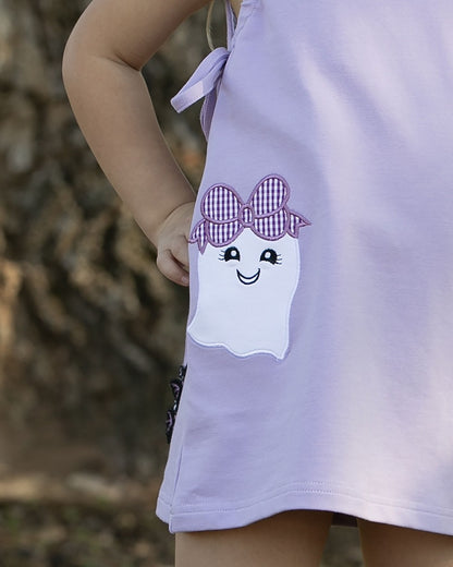 Yellow Lamb Girls Emma Boo Bow Jumper Dress - Lavender with Halloween Ghost Pockets