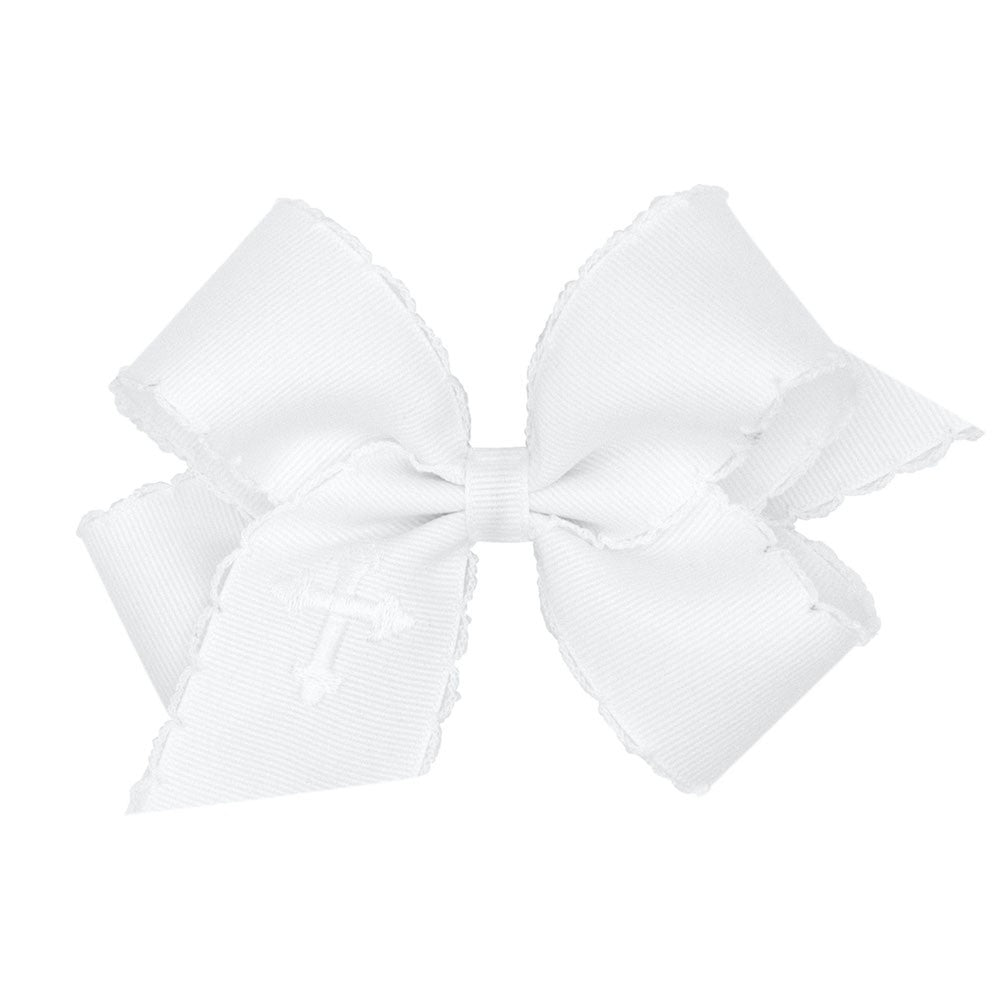 Wee Ones Girls Monotone Moonstitch Bow - White with Embroidered Cross - White