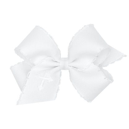 Wee Ones Girls Monotone Moonstitch Bow - White with Embroidered Cross - White