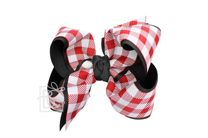Beyond Creations Girls Layered Bow on Clip - UGA - Black with Red Buffalo Plaid