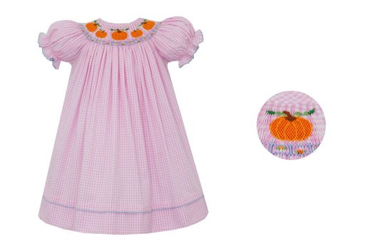 Anavini Girls Pink Gingham Smocked Pumpkin Patch Dress