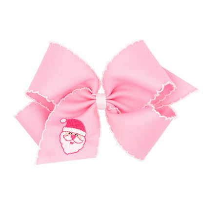 Wee Ones Girls Hair Bow - Embroidered Santa Face on Pink Bow