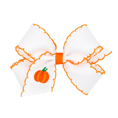 Wee Ones Girls White Hair Bow with Orange Moonstitch - Embroidered Pumpkin