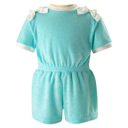 Rachel Riley London Girls Bow Terry Toweling Playsuit Romper - Aqua