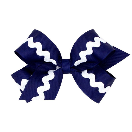 Wee Ones Girls Grosgrain Bow - Navy Blue with White Rick Rack