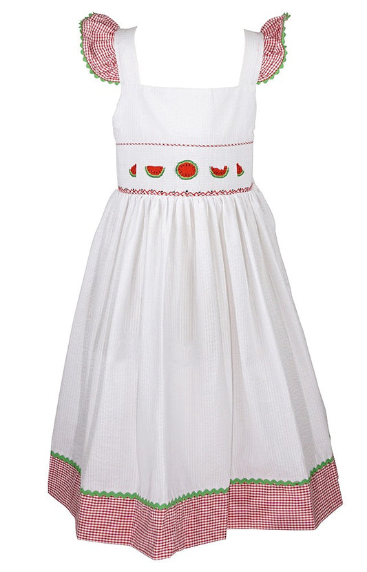The Best Dressed Child Girls White / Red Gingham Smocked Watermelons Sun Dress