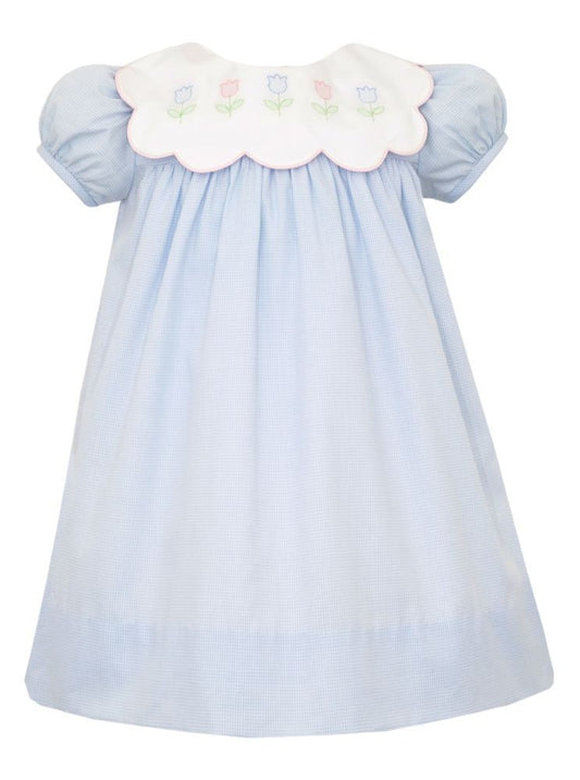 Anavini Girls Blue Gingham Dress - Embroidery Tulips on Scallop Collar