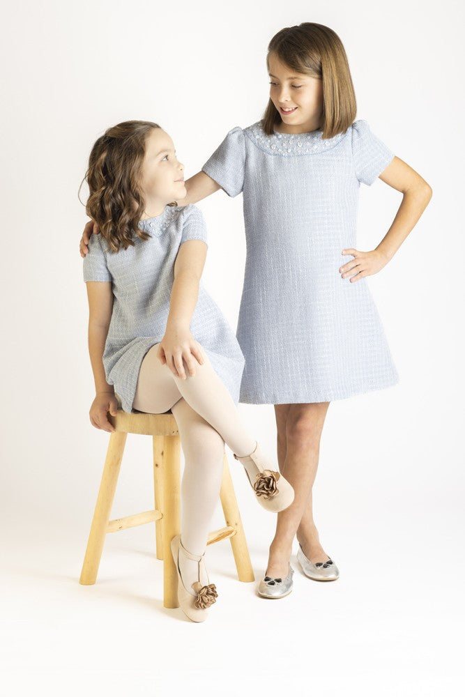 Luli & Me Girls Embroidery Collar Tweed A-Line Dress - Blue