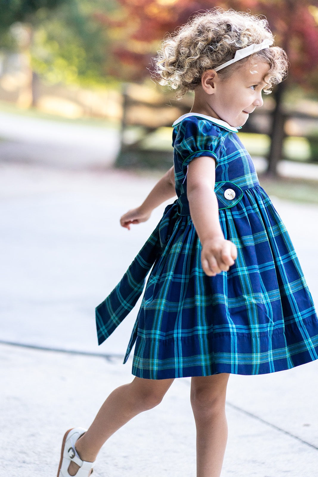 Marco & Lizzy Girls Blue / Green Blackwatch Plaid Dress - White Collar