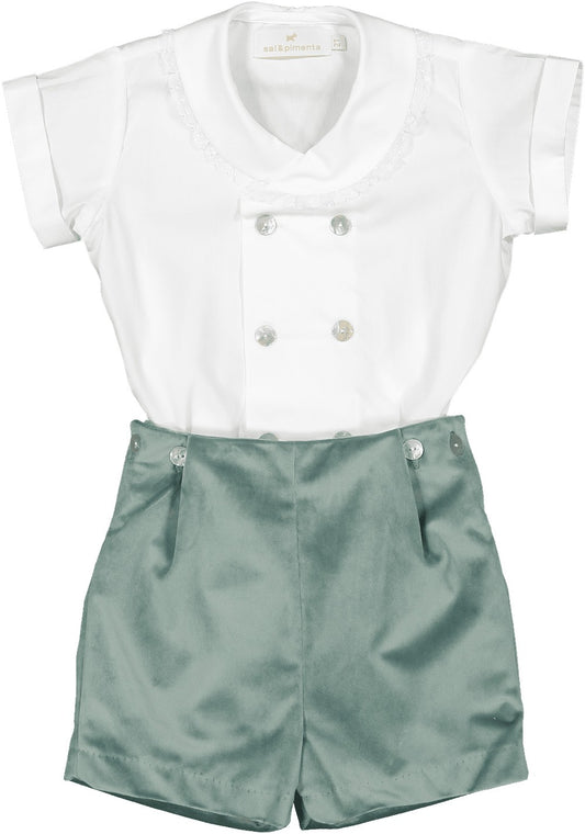 Sal & Pimenta Baby / Toddler Boys Dressy Velvet Button On Set - Forest Sage Green