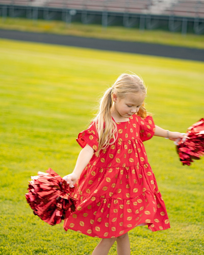 Yellow Lamb Girls Game Day Tiered Dress - Gold Footballs - Red