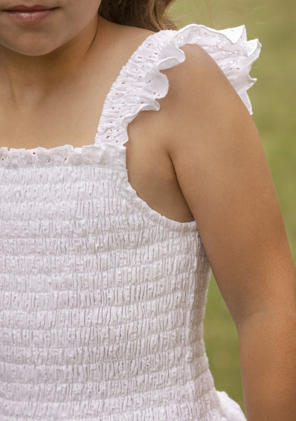 Luli & Me Gabby Girls Smocked White Eyelet Kate Flutter Sleeve Sun Dress