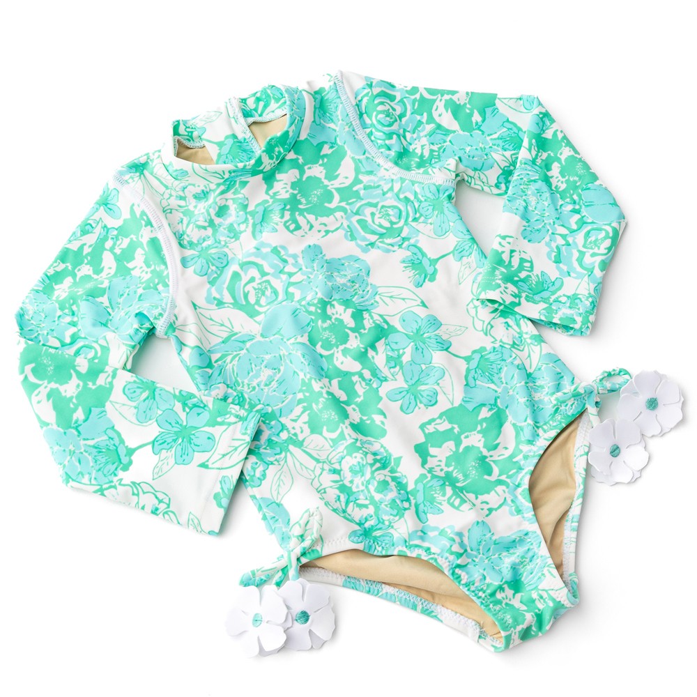 Shade Critters Girls Long Sleeve Rash Guard Swimsuit - Charming Rose