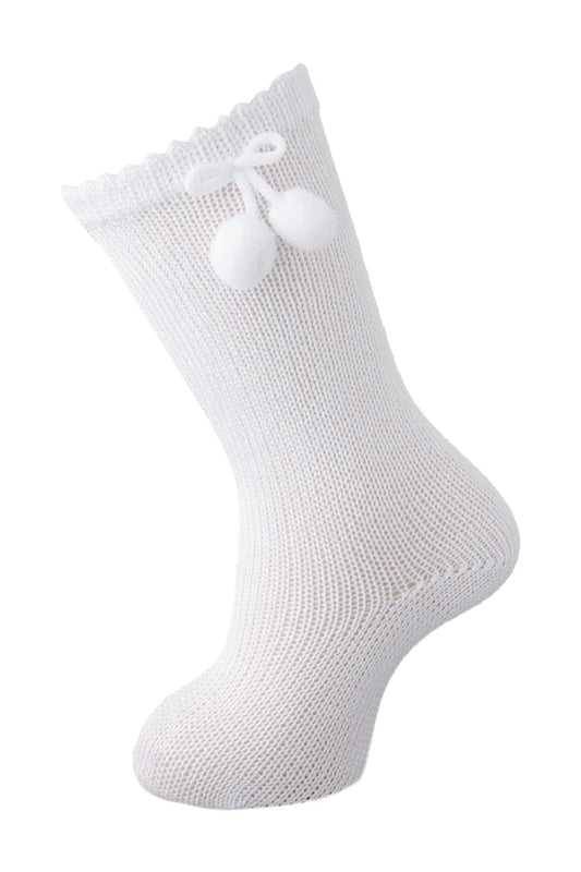 Carlomagno Socks - Girls Scottish Yarn Knee High Socks with Pom Poms - White