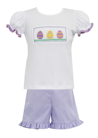Anavini Velani Girls White Top - Smocked Easter Egg Hunt - with Lavender Gingham Ruffle Shorts