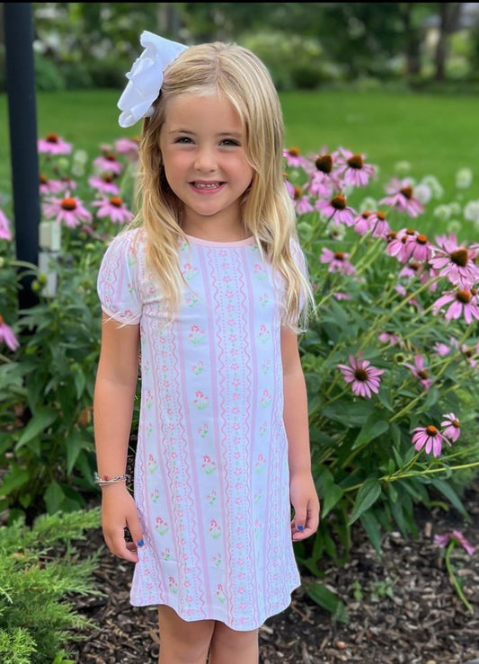 James & Lottie Girls Play Dress - Pink Floral Scallop