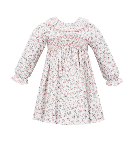 Petit Bebe Girls Pink Floral Smocked Dress - Long Sleeves by Petit Bebe