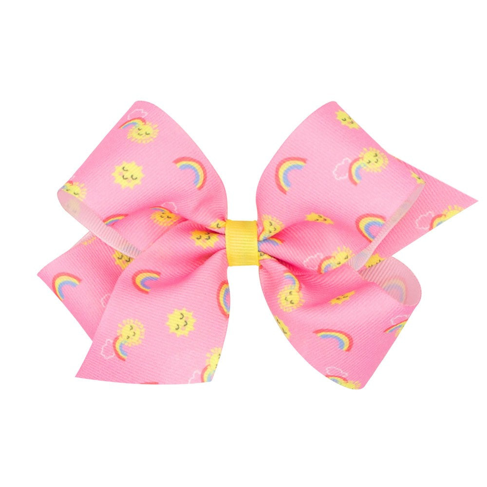 Wee Ones Girls Hair Bow - Pink with Yellow Suns & Rainbows