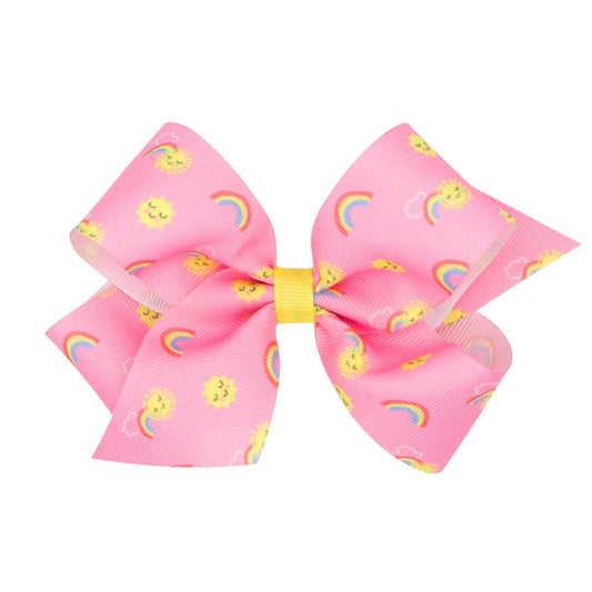 Wee Ones Girls Hair Bow - Pink with Yellow Suns & Rainbows
