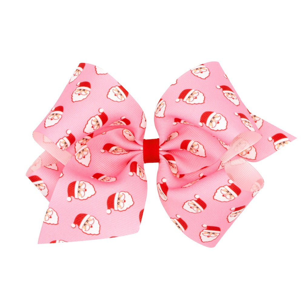 Wee Ones Girls Christmas Hair Bow - Santa Claus Print on Pink