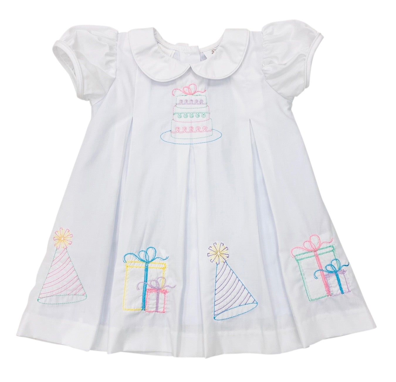 The Best Dressed Child / Lulu Girls Birthday Dress - Embroidered Cake & Gifts - White