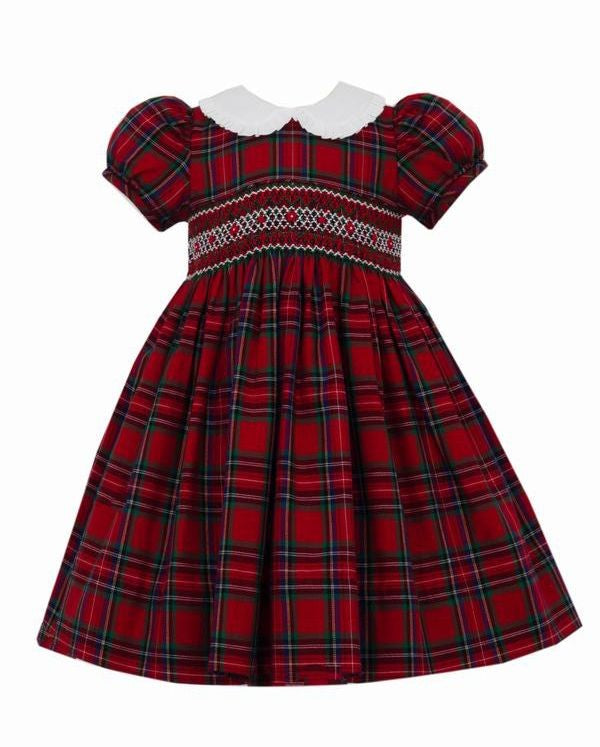 Anavini Couture Girls Red Plaid Smocked Christmas Dress - White Collar