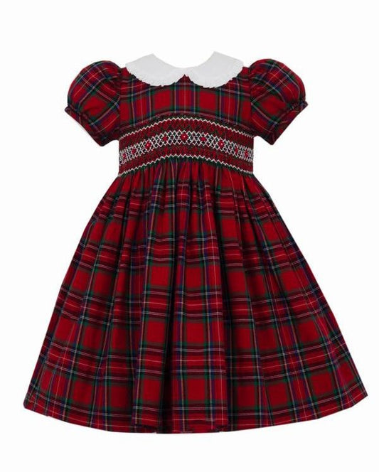 Anavini Couture Girls Red Plaid Smocked Christmas Dress - White Collar