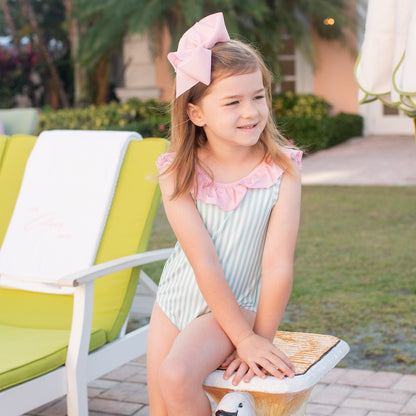 James & Lottie Girls Swimsuit - Tess - Palm Beach Mint Stripes with Bow in Back