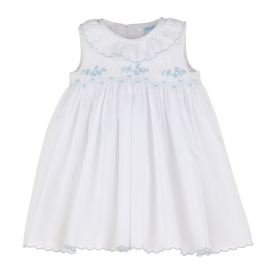 Luli & Me Girls White Scallop Sleeveless Dress - Smocked in Blue