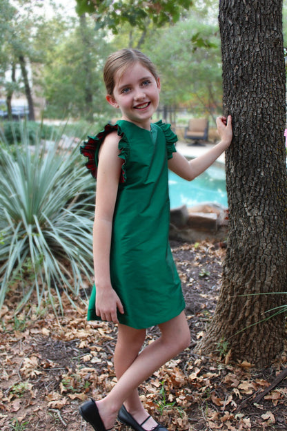 Susanne Lively Girls Green A-Line Dress - Flutter Sleeves Accented in Red Holiday Plaid Lining
