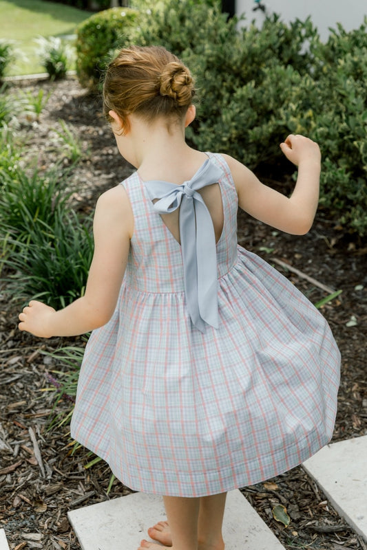 Bailey Boys Girls Dress - Citrus Plaid - Blue Bow on Back