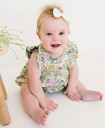 Ollie Jay Baby Girls Betsy Romper Bubble in Mardi Gras Print