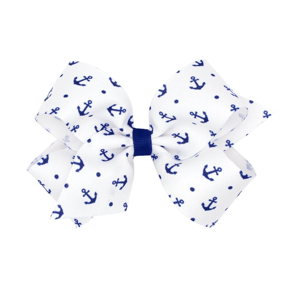 Wee Ones Girls Hair Bow on Clip - White with Tiny Blue Anchors Print