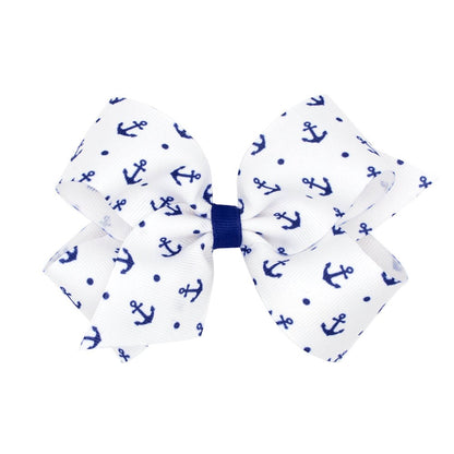 Wee Ones Girls Hair Bow on Clip - White with Tiny Blue Anchors Print