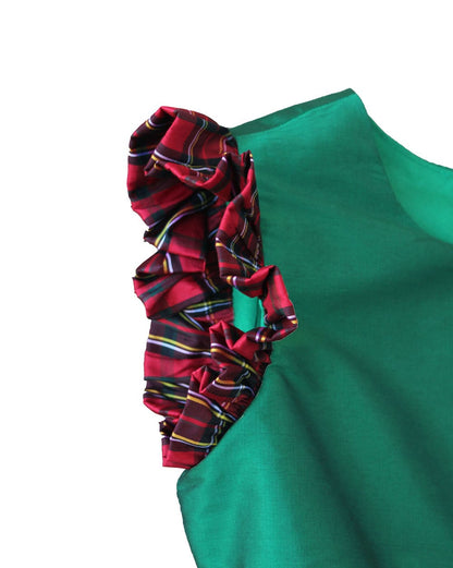Susanne Lively Girls Emerald Green Christmas Dress - Red Holiday Plaid Sash & Flutter Sleeves
