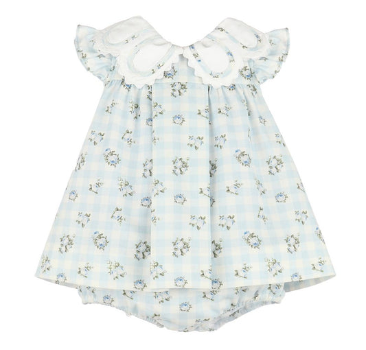 Sophie & Lucas Girls Blue Check Floral Dress with Petal Collar