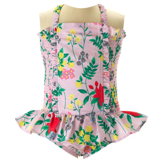 Rachel Riley London Girls Pink Botanical Floral Ruched Ruffle Swimsuit