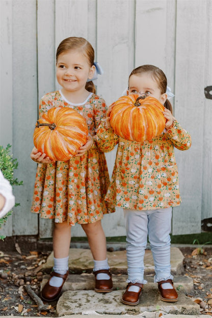 Proper Peony Pima Girls Orange Pumpkin Autumn Vine Twirl Dress