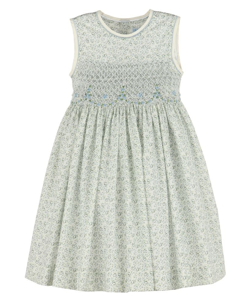 Luli & Me Girls Blue Tea Roses Floral Sleeveless Smocked Dress
