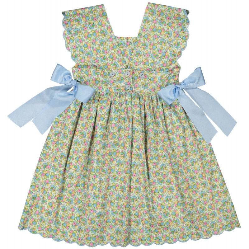 Sal & Pimenta Girls Dress - Multi Color Flower Bouquet - Scallop Hem & Blue Side Bows