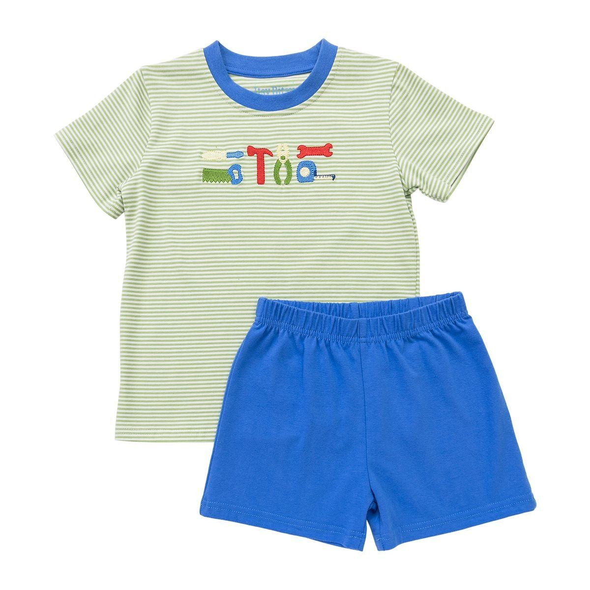 Itsy Bitsy Toddler Boys Green Tools Shirt with Blue Shorts