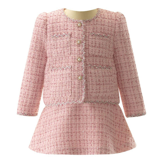 Rachel Riley Girls Pink Tweed Jacket & Skirt Set