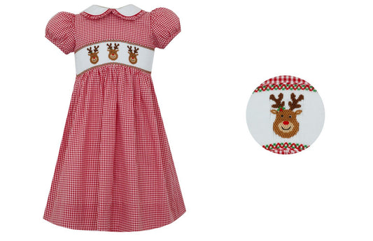 Anavini Velani Girls Red Gingham Dress - White Collar - Smocked Reindeer Faces