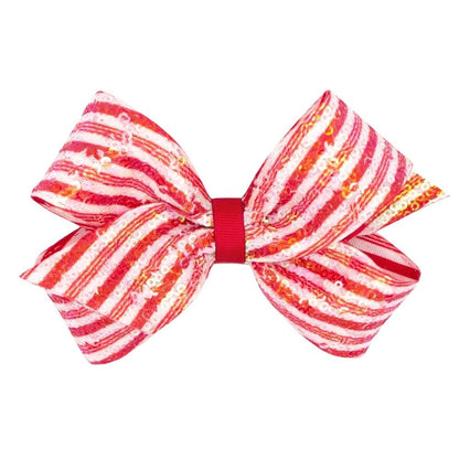 Wee Ones Girls Hair Bow on Clip - Red & White Sequin Candy Cane Stripes