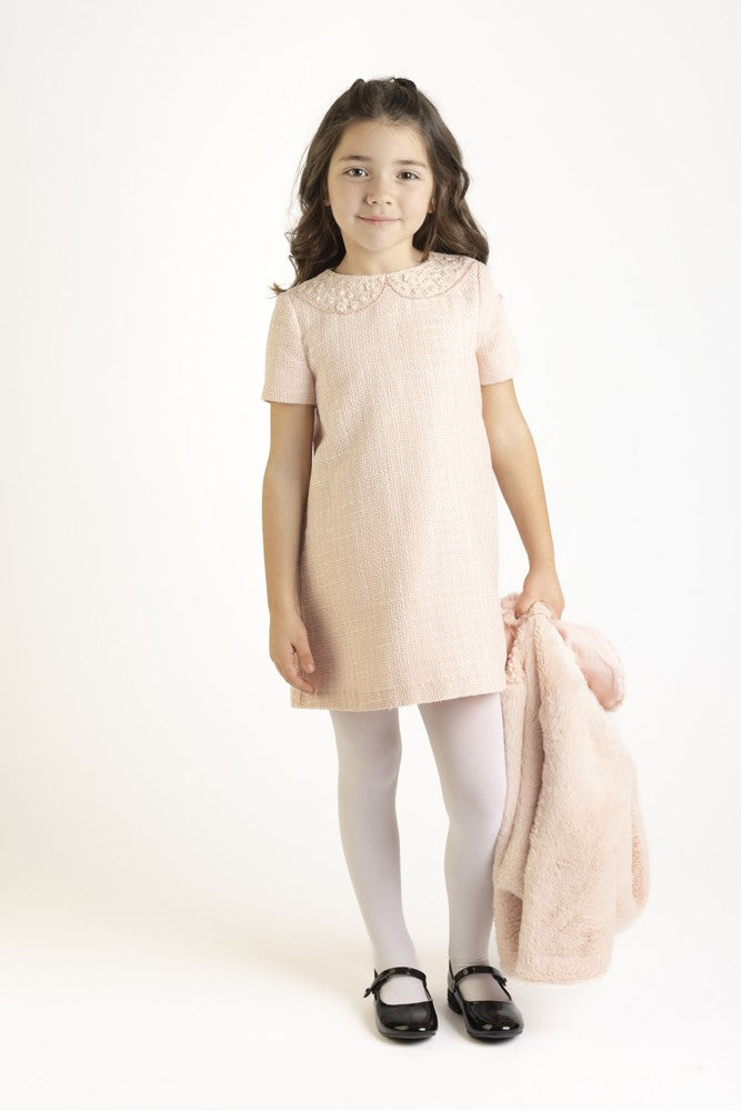 Luli & Me Girls Embroidery Collar Tweed A-Line Dress - Pink