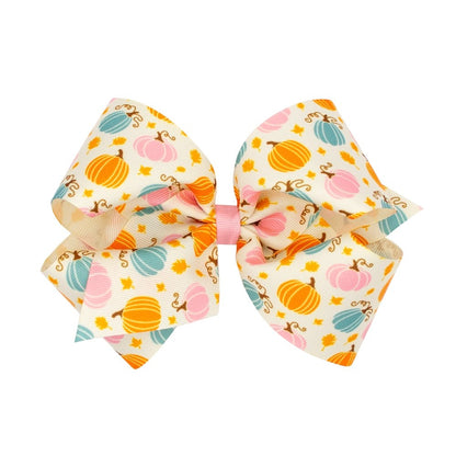 Wee Ones Girls Hair Bow on Clip - Pastel Harvest Pumpkins Print