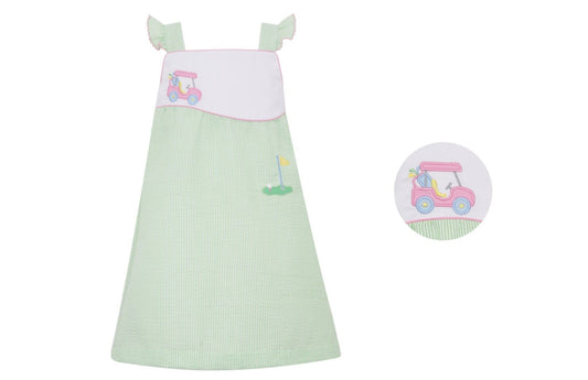 Claire & Charlie Girls Green Stripe Seersucker Sun Dress - Golf Cart